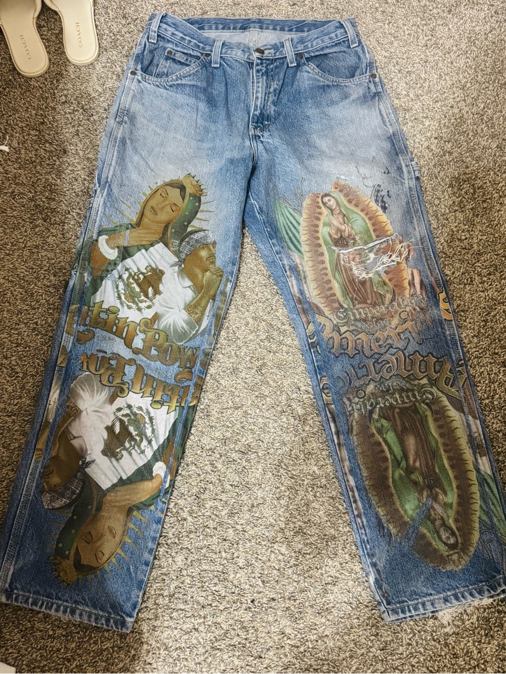 Dickies Blue Denim Relaxed Pants with Religious Graphic Prints